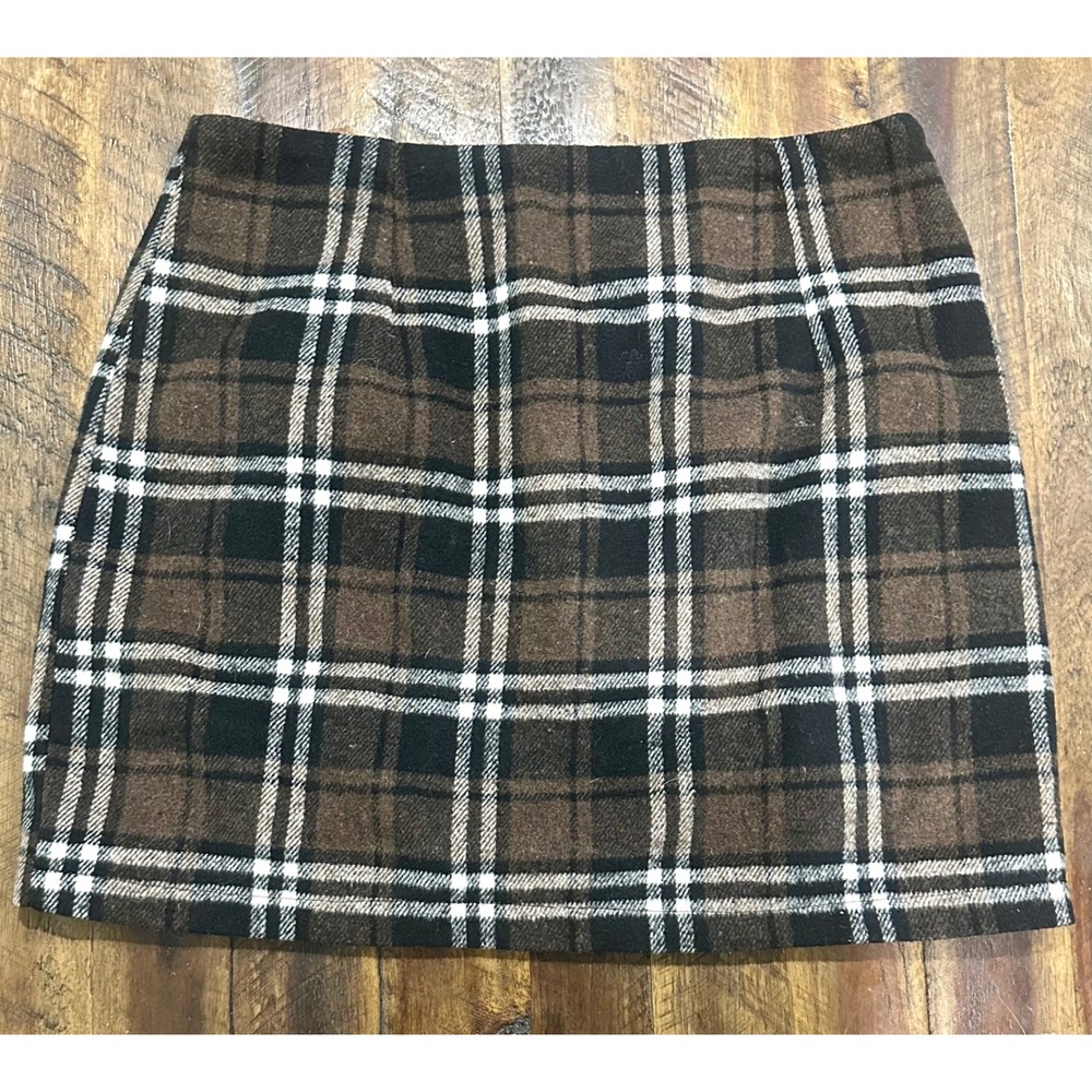 Brown Plaid Wool Blend Mini Skirt Size M A-Line Checkered Fall Winter